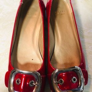 Stuart Wietzman red patent peep toe flats